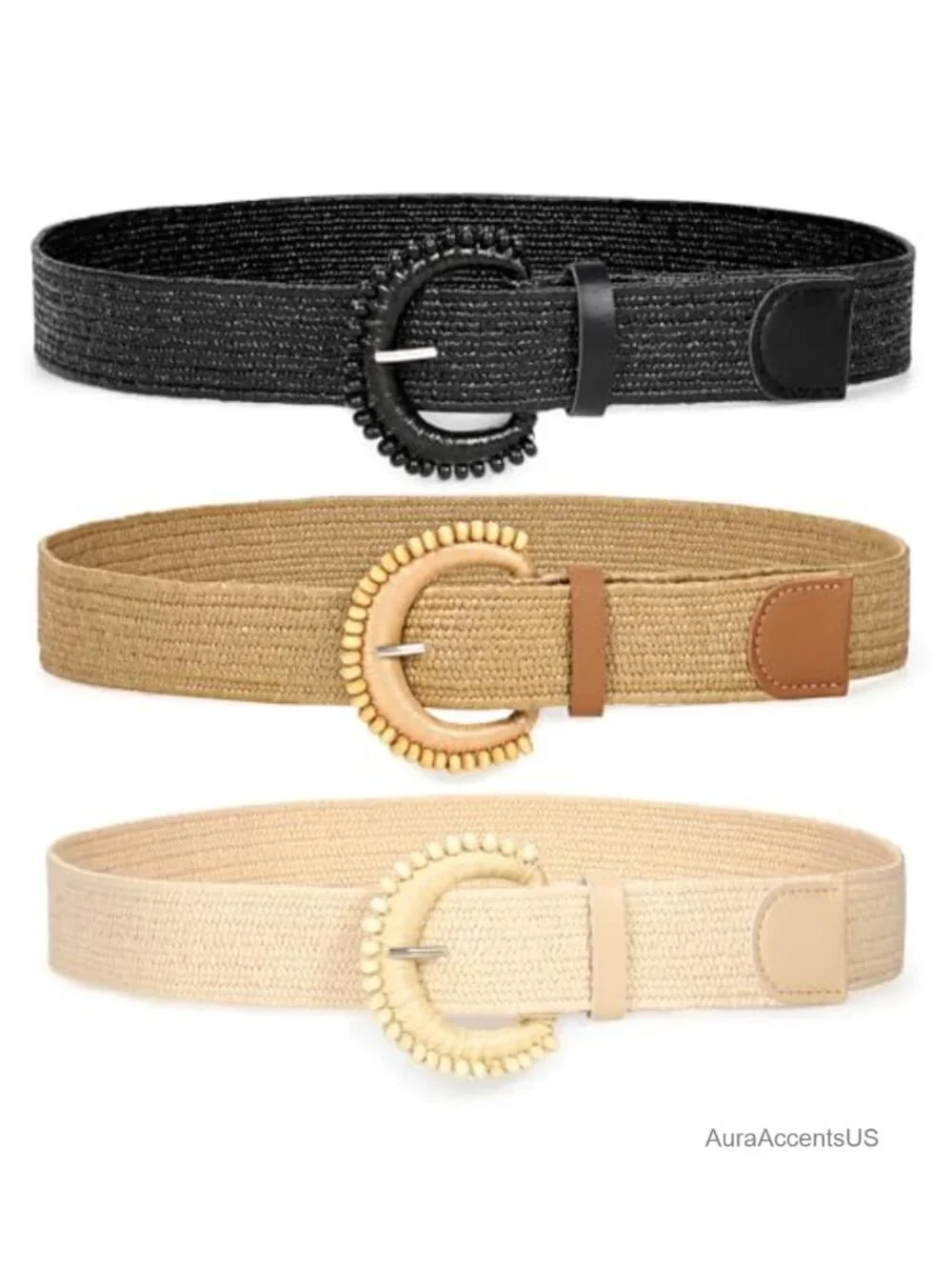 Straw Woven Elastic Waist Belts Boho Braided Skinny Dress Belt 3 Pack